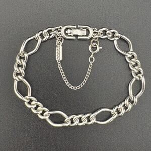 Signed Monet Vintage Silver Tone Curb Chain Link Charm Bracelet 7.5"